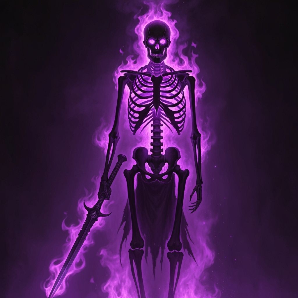 Skeletal Figure Engulfed in Purple Flames with Glowing Weapo...