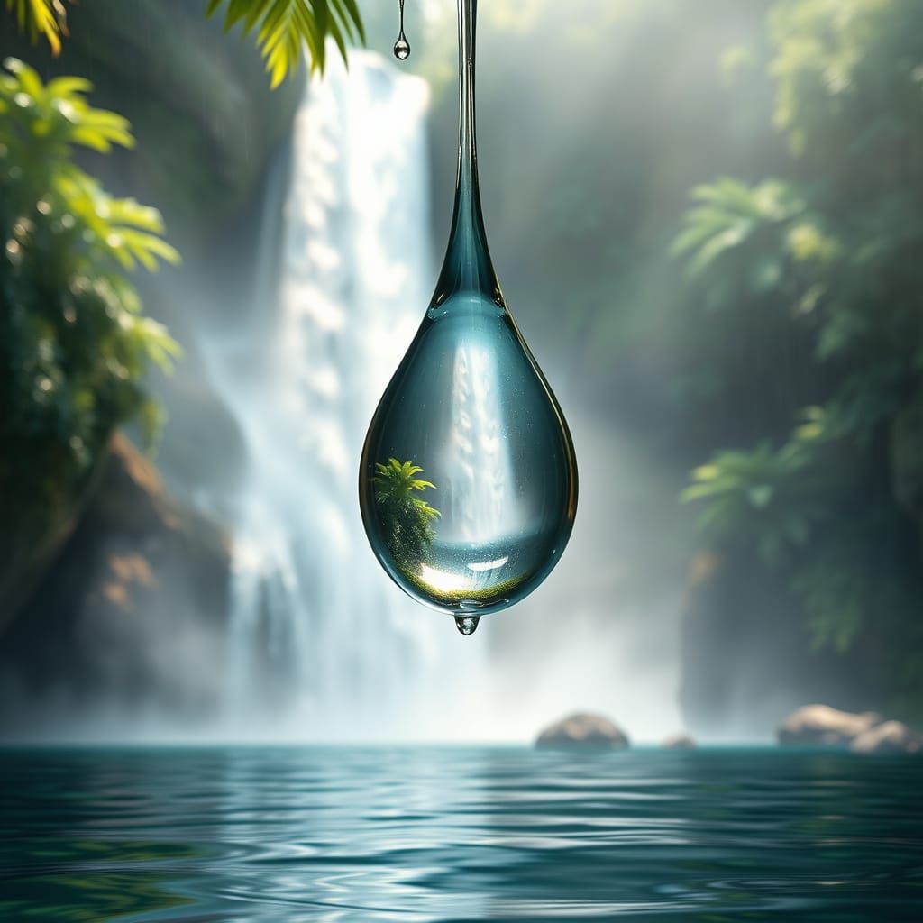 Surreal Photorealistic Raindrop Suspended in Mid-Air