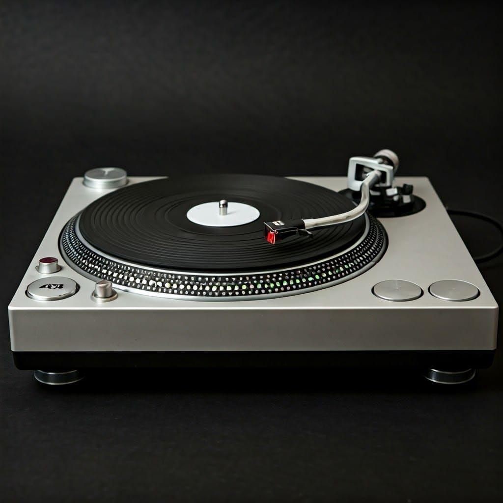Cybernetic Vinyl Player in a Futuristic Setting