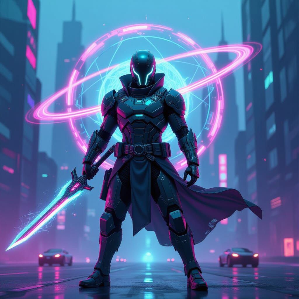 Cyberpunk Warrior with Plasma Sword in Neon City