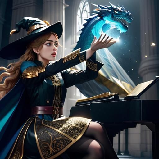 Witch Frees Dragon God with Music in Geometric Style