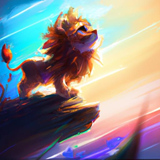 Cute Lion Cub Overlooks Crowd, Digital Art