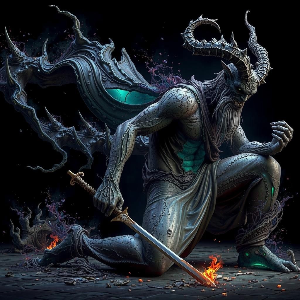 Disintegrating Djinn with Scimitar in Hyperrealistic Style