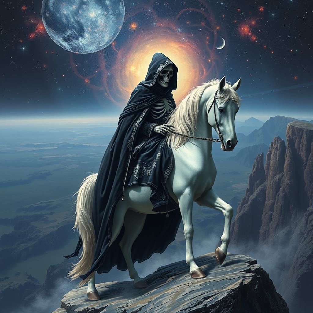 The Grim reaper, sitting proudly upon a noble pale horse (his name is Binky)