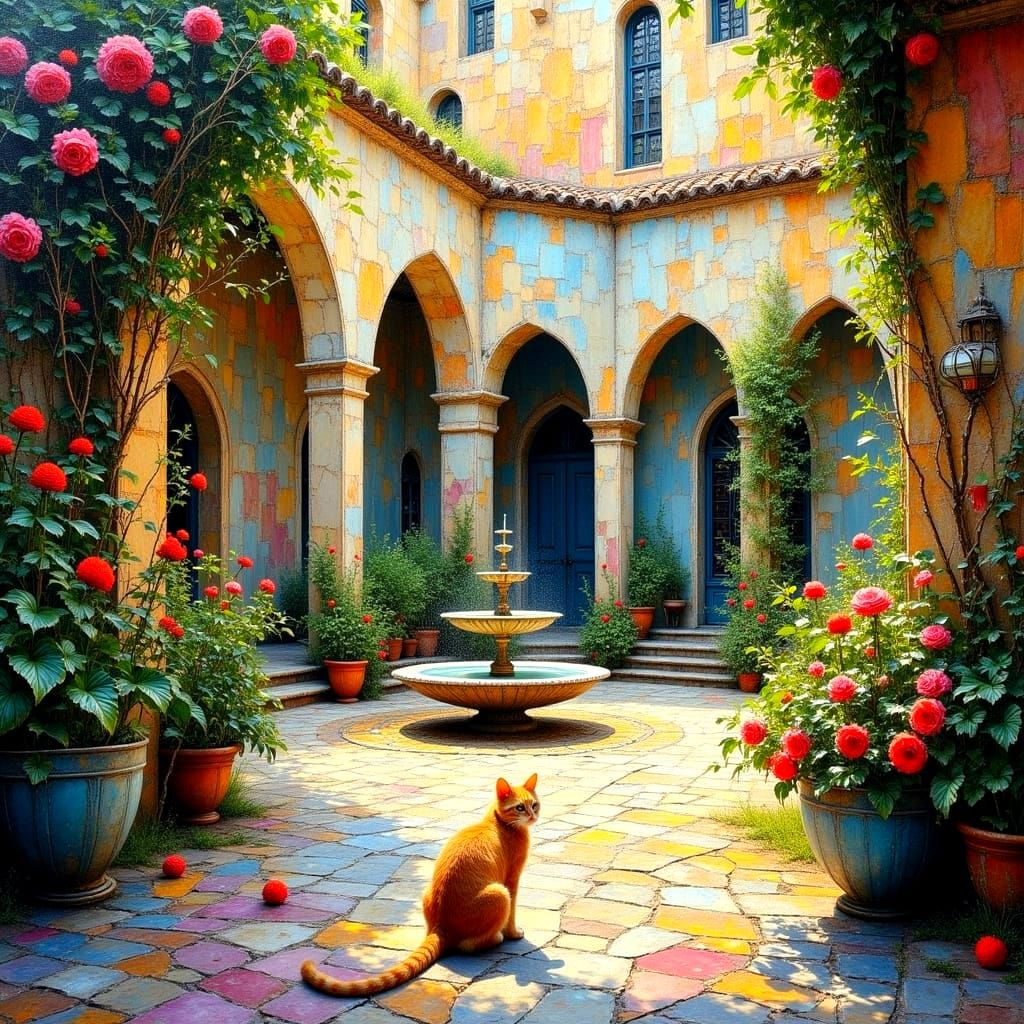 Rustic Courtyard with Ginger Cat in Vibrant Oil Painting