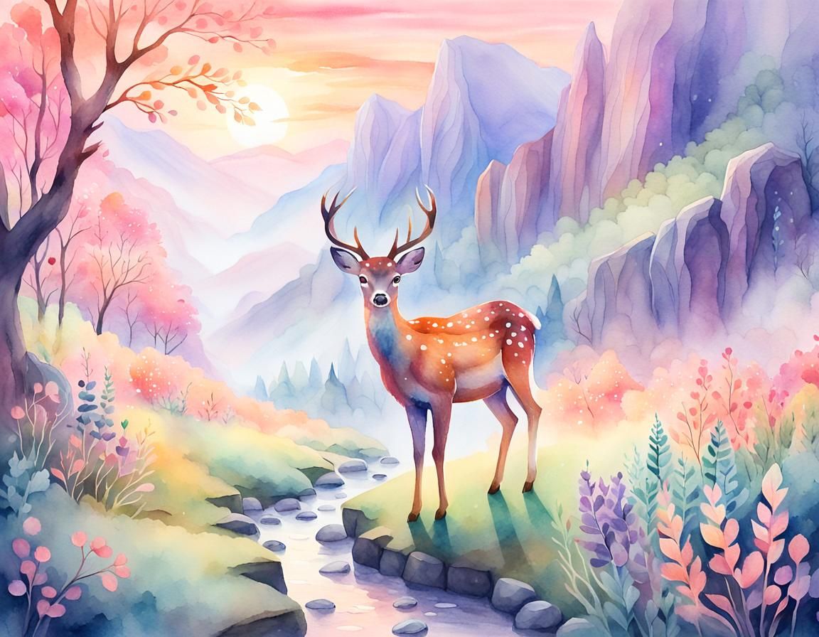 Whimsical Deer in Fantasy Watercolor Landscape