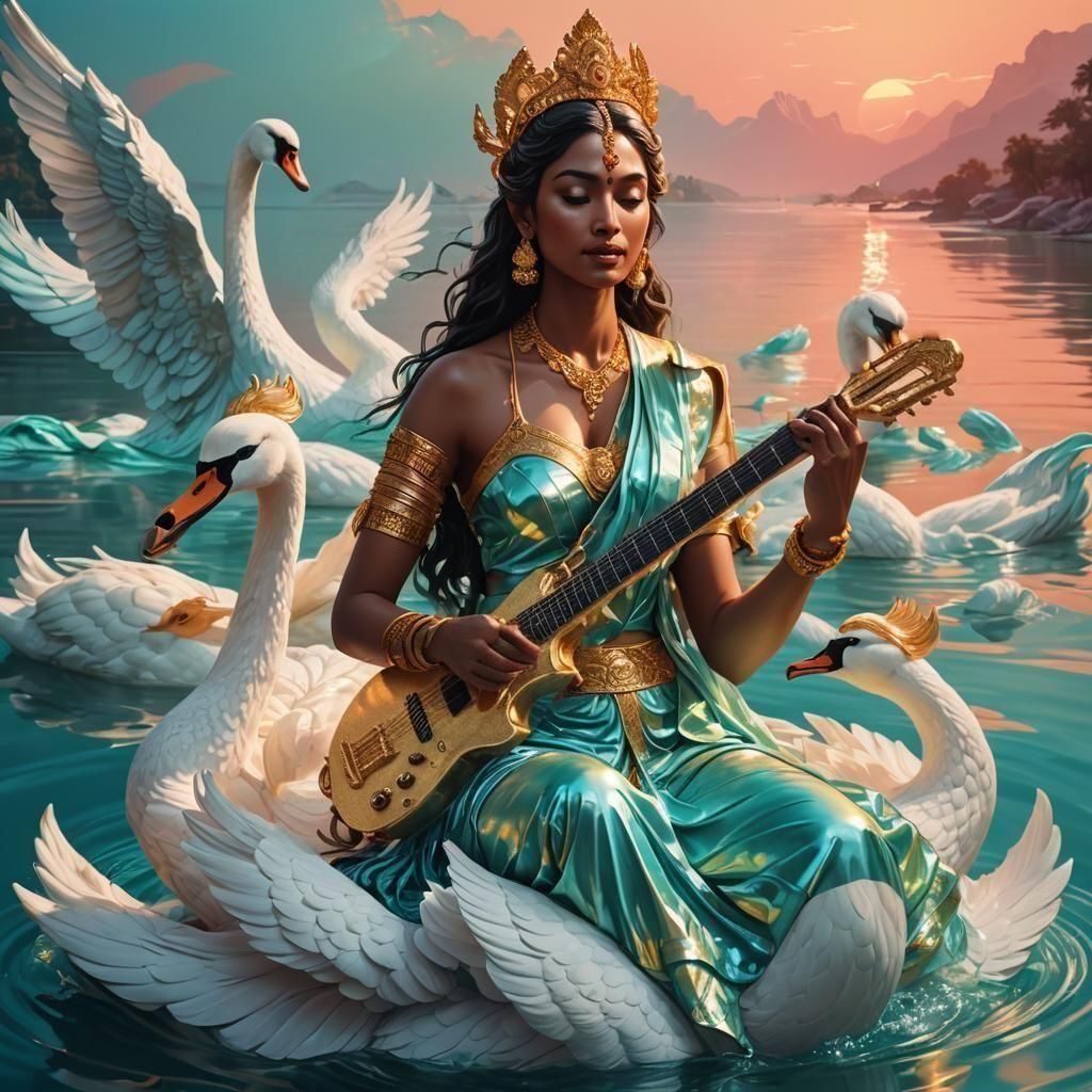 Goddess Saraswati on Swan in Hyperrealistic Style