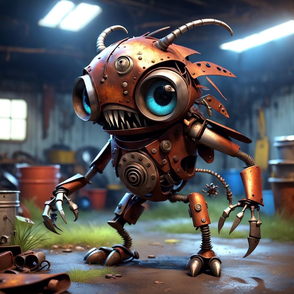 Enchanted Scrap Creature Seeks Parts in Cluttered Garage