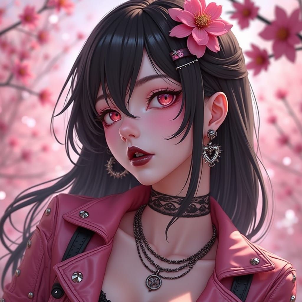 Pink and Black Punk Anime Woman with Cherry Blossoms
