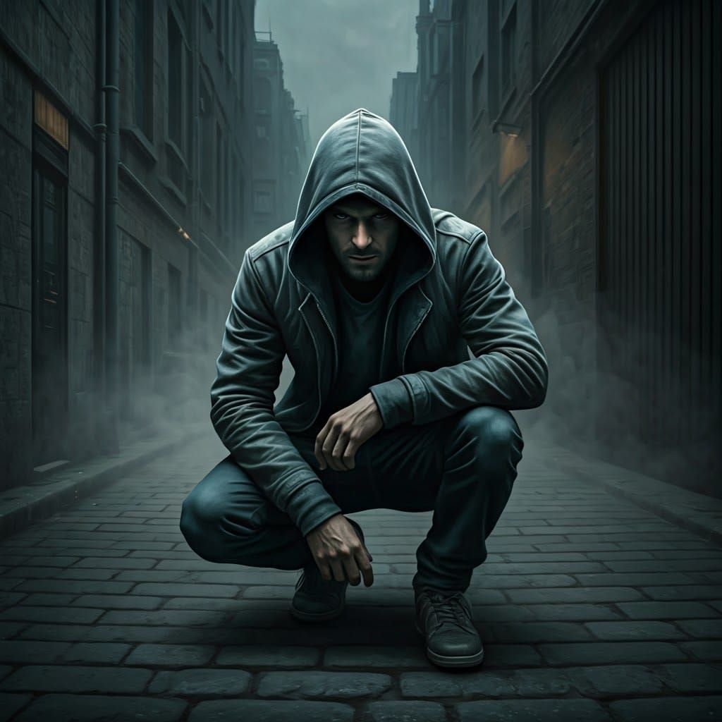 Mysterious Figure in Dimly Lit Alleyway