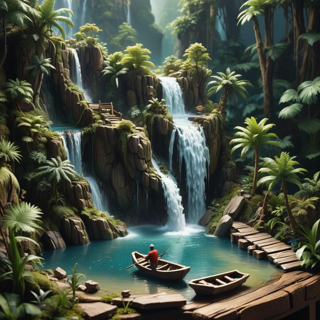 A beautiful waterfall into a miniature lake below where a ma...