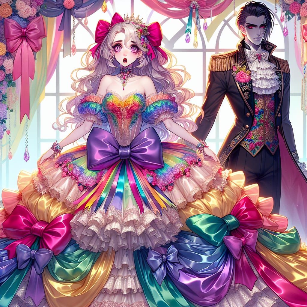 Vibrant Dreamscape: Vampire and Rainbow-Clad Woman