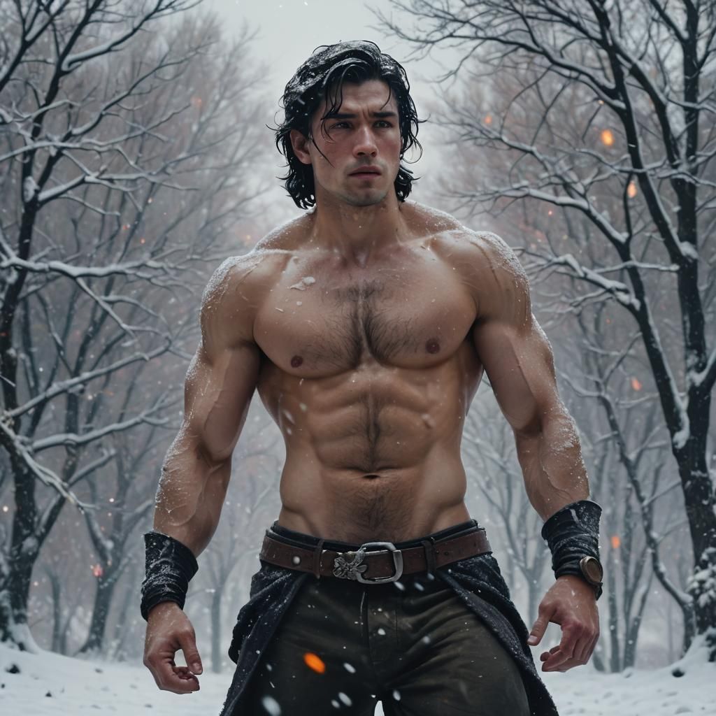 Shirtless Warrior in Snowy Landscape: Vivid Oil Painting