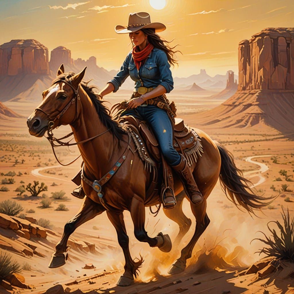 Cowgirl Rides a Centipede: Western Oil Painting
