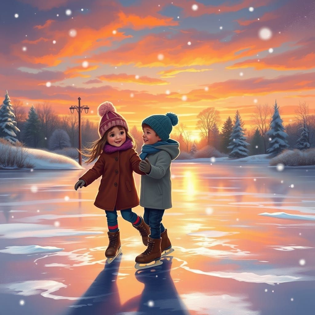 Children Ice Skating at Sunset in Painterly Style