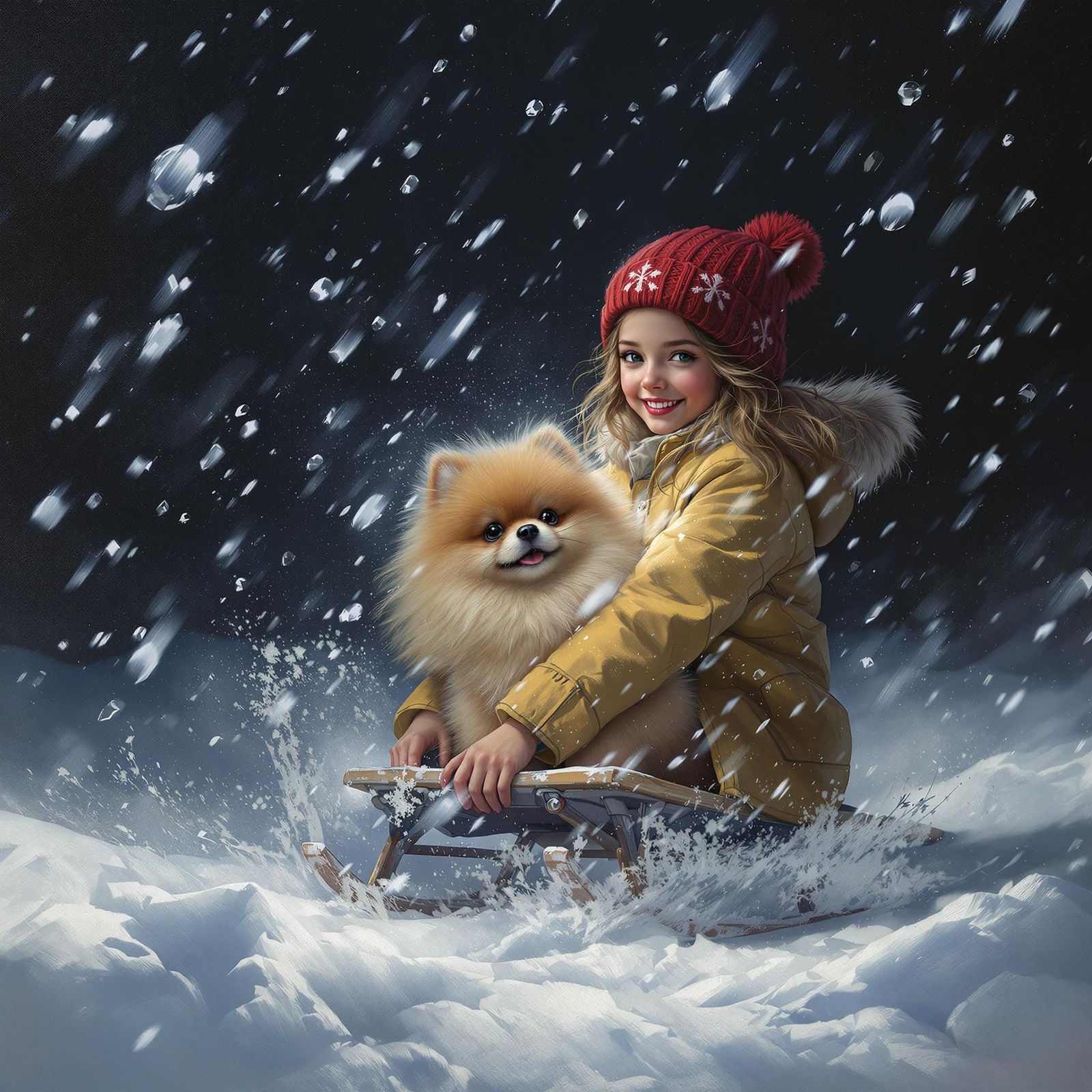 Girl Sledding with Pomeranian in Winter Night