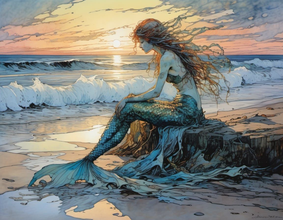 Ethereal Mermaid Basks in Sunrise Glow on the Seashore in a ...