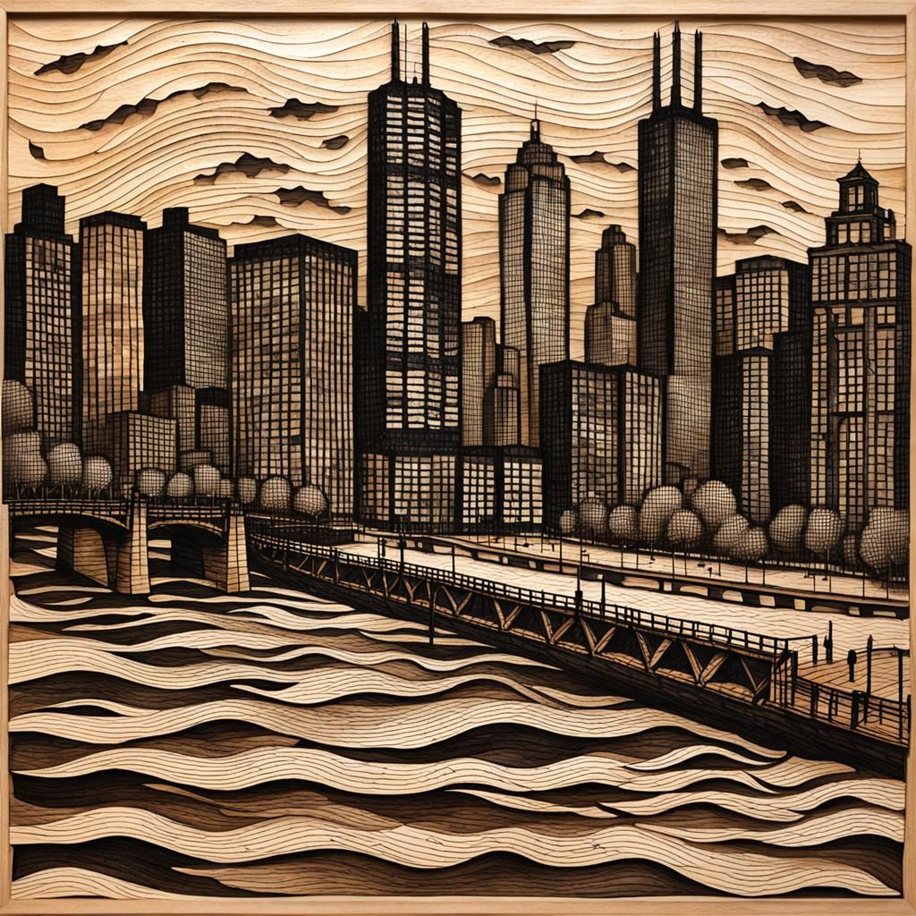 Chicago River Burned Wood Mosaic in 3D
