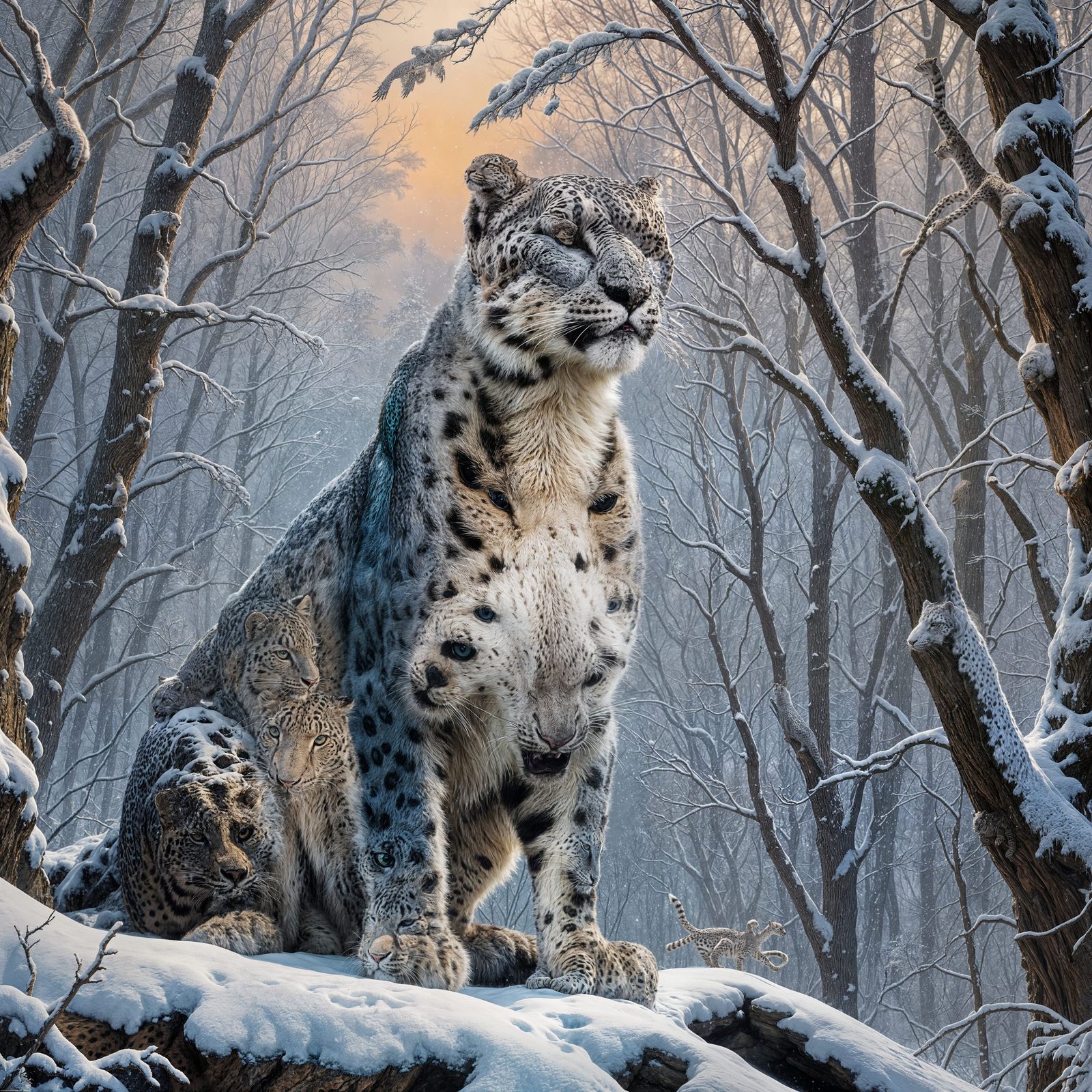 Snow Leopard and Peacock Hybrid in Snow