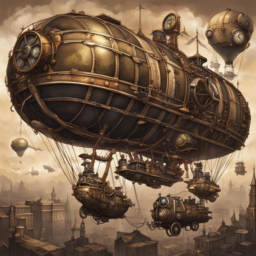 Steampunk Blimps in Night Aerial Battle