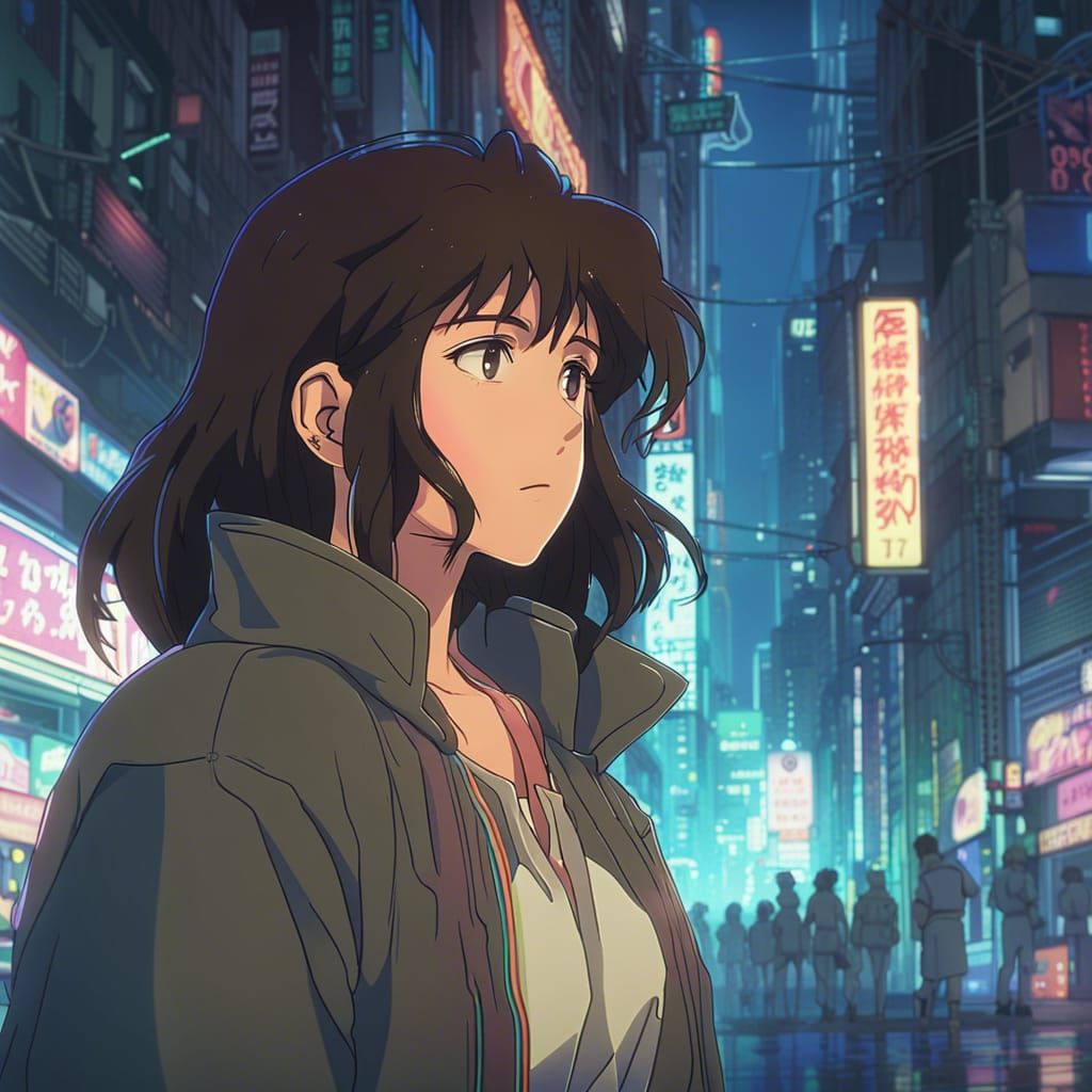 Cyberpunk Anime Woman in Ghibli Style