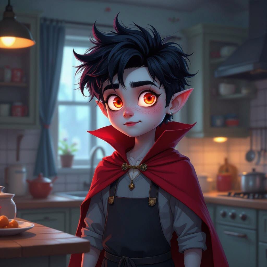 Vampire Teenager in Kitchen, Cartoon Style