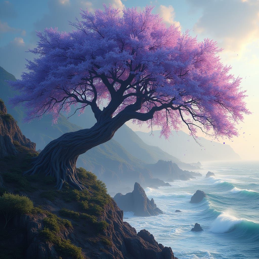 Ethereal Weeping Willow Tree Amidst Turbulent Ocean and Rock...