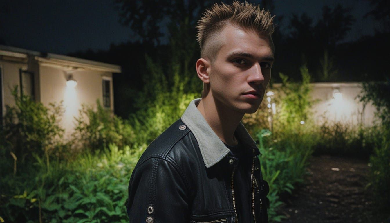 Punk Eastern European Man in Garden at Night