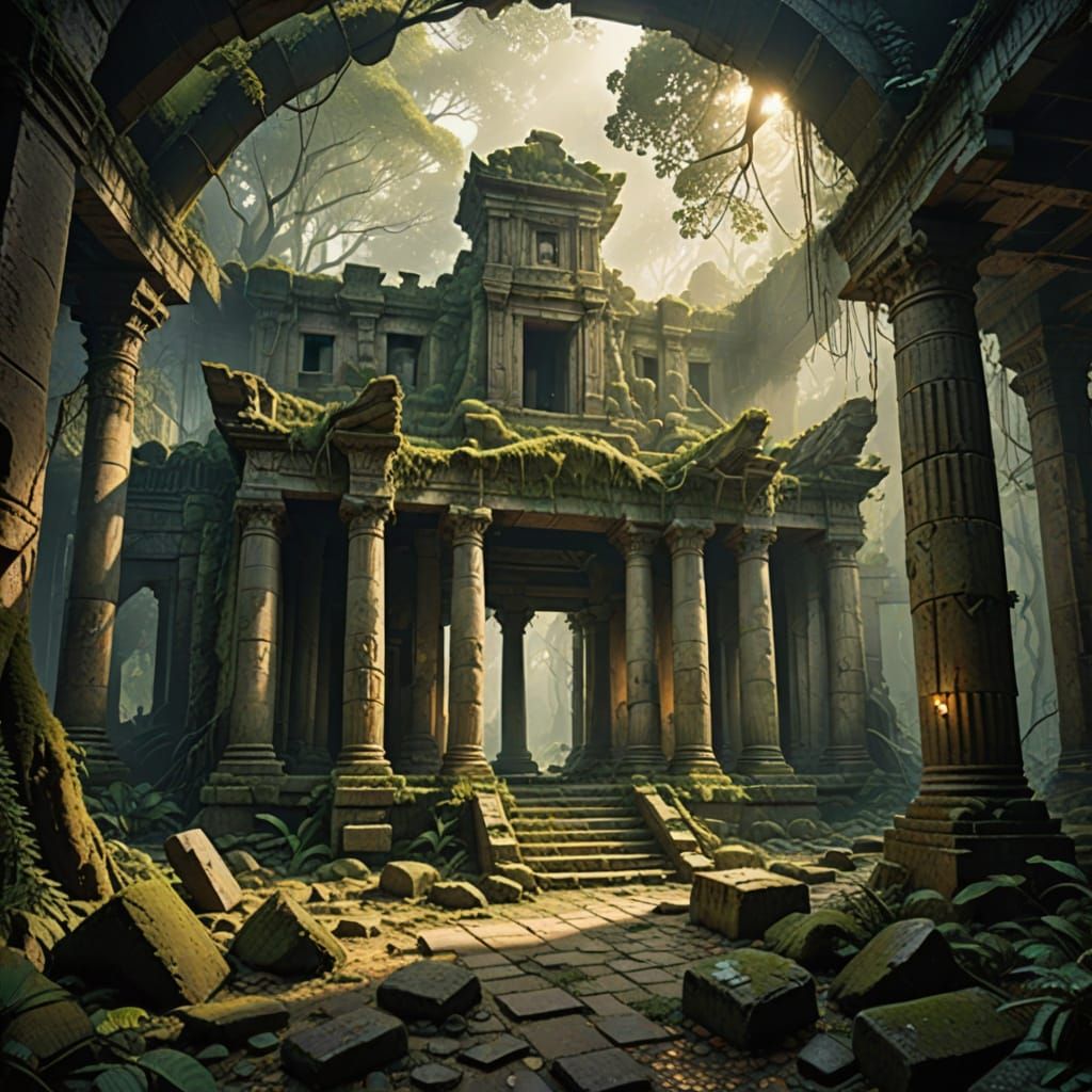 Ancient Temple Ruins in a Dense, Misty Forest