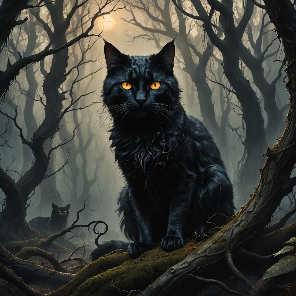 Mystical Black Cat in Ancient Forest: Dark Fantasy Art