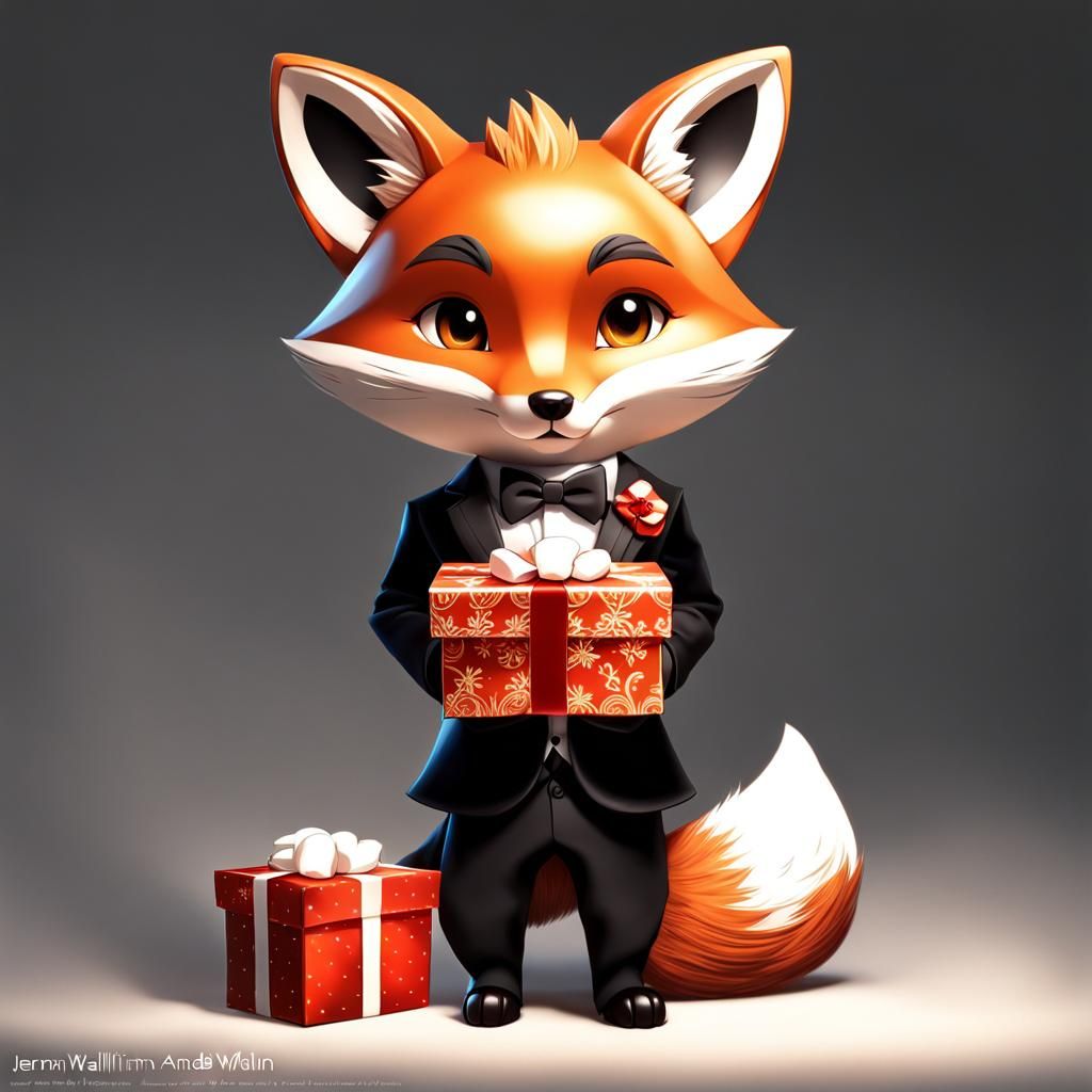 Chibi Fox in Suit with Gift, Detailed 3D Render