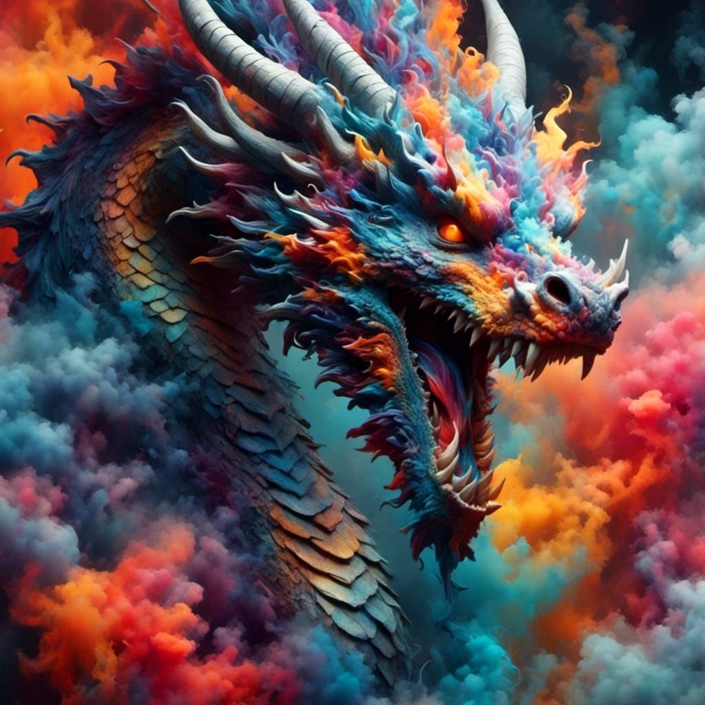 Colorful Dragon Fractal Graffiti Art with Smoke