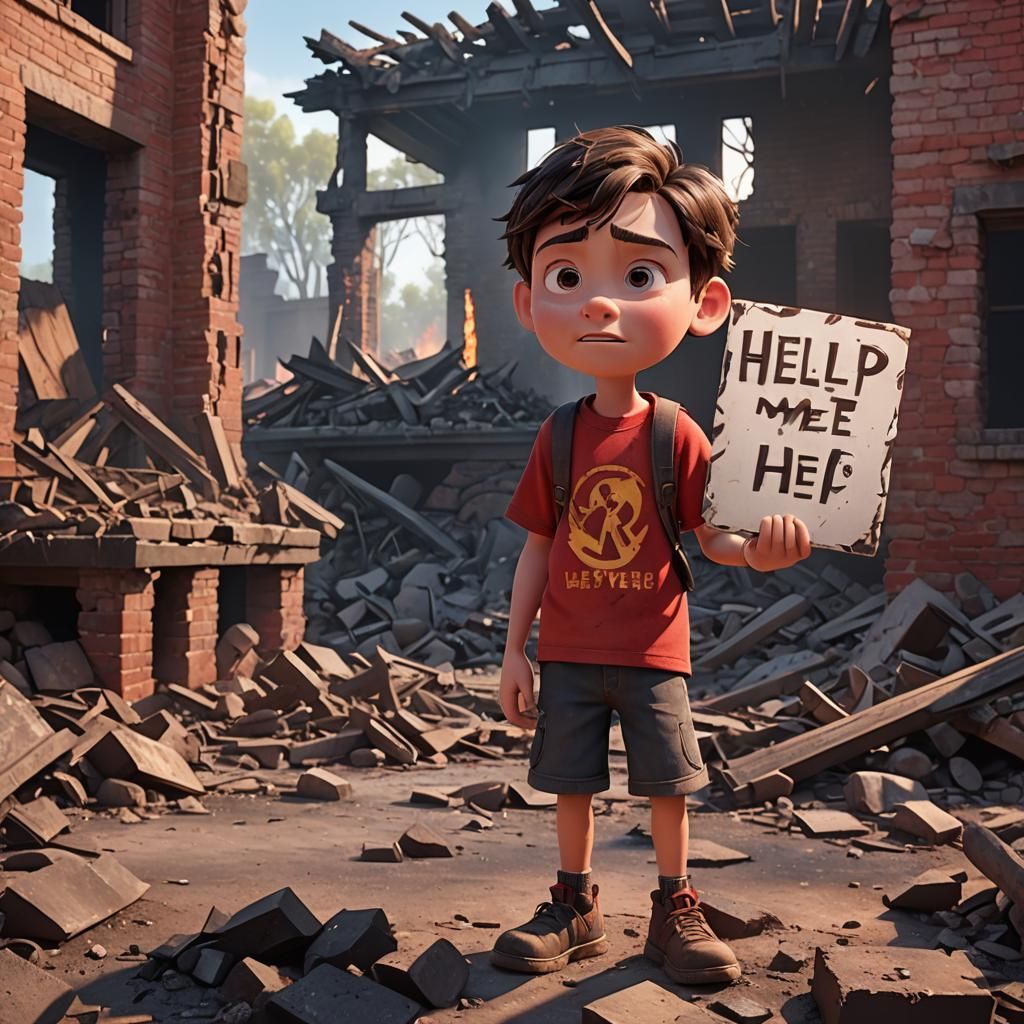 Crying Boy in Ruins: Pixar-Style 3D Art