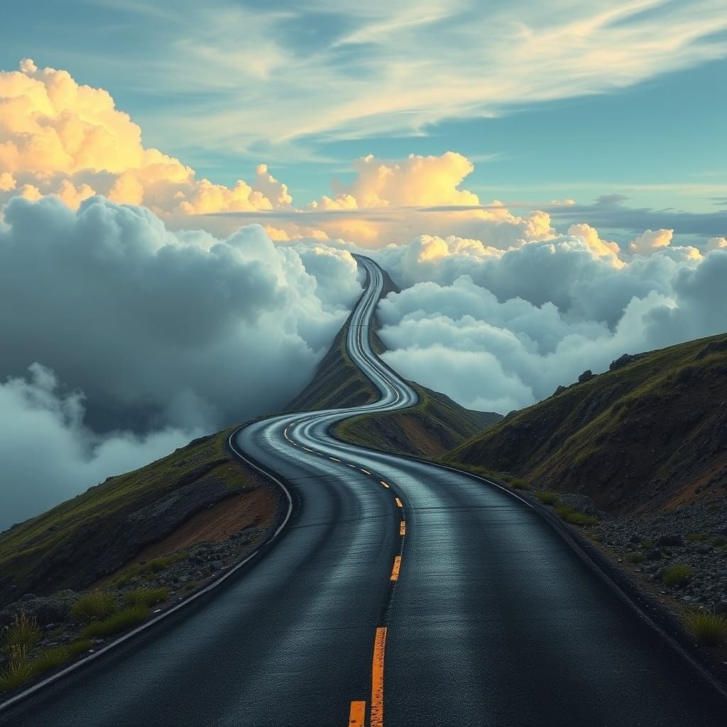 Surreal Vertical Road Disappears Into Clouds: Photorealistic...