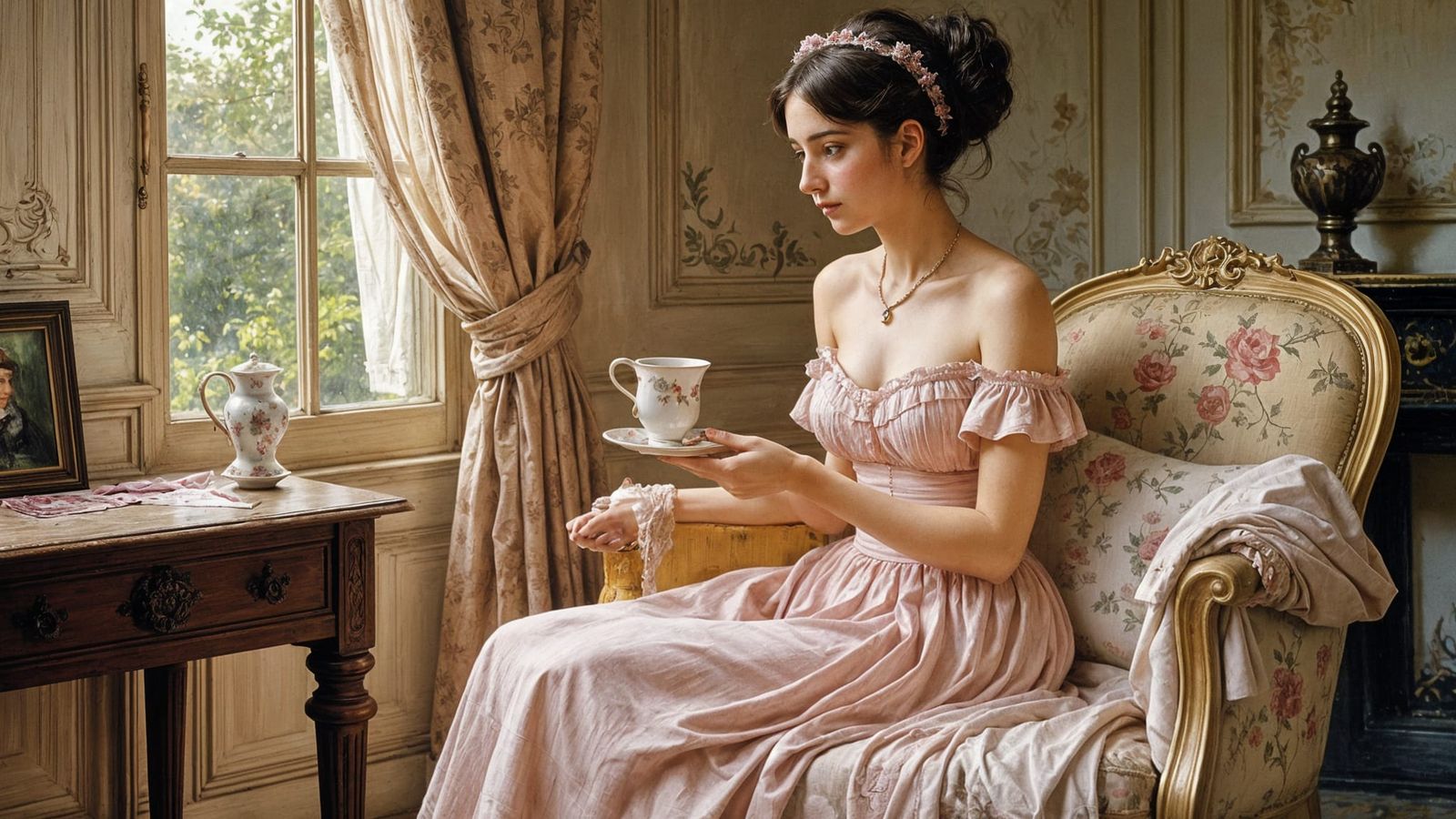 Woman in Pink with Tea: Impressionistic Oil Painting