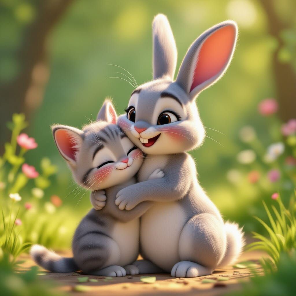 Cute Kitten and Rabbit Cuddle: Disney Animation