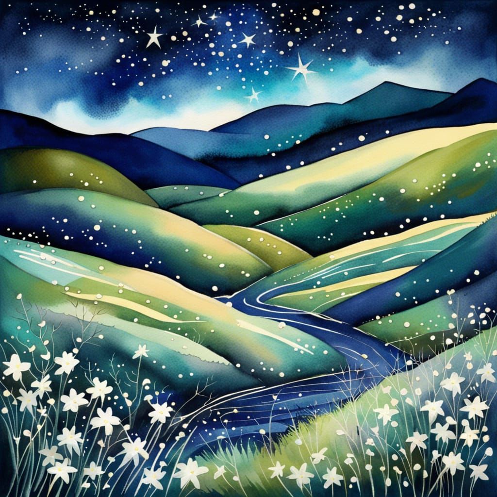 Watercolor Landscape with Sparkling Stars and Glowing Flower...