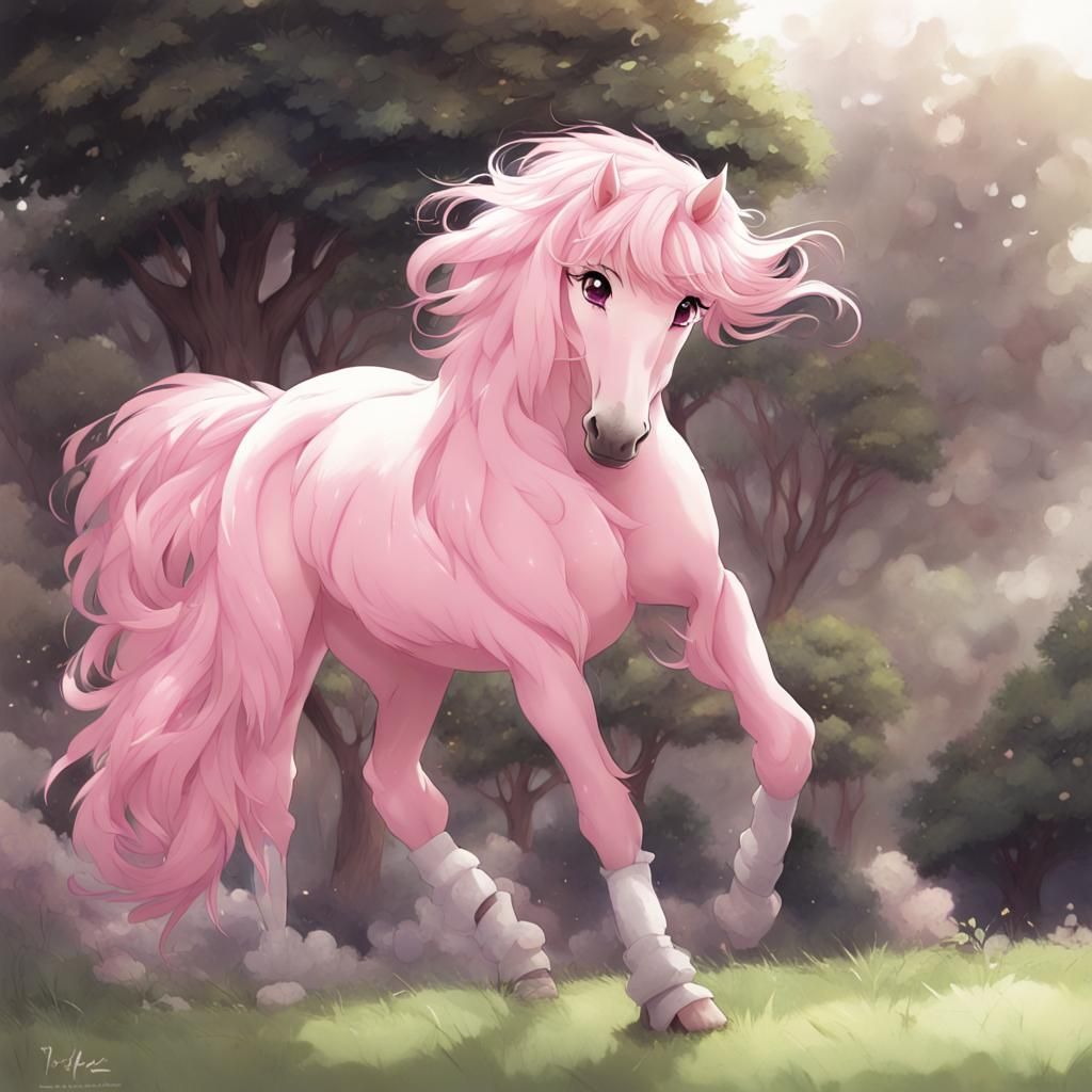 Pink Fluffy Horse in Anime Style