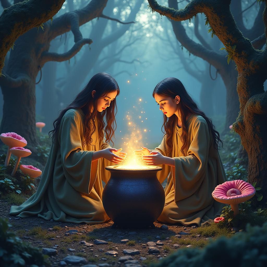Mystical Forest Ritual with Glowing Cauldron