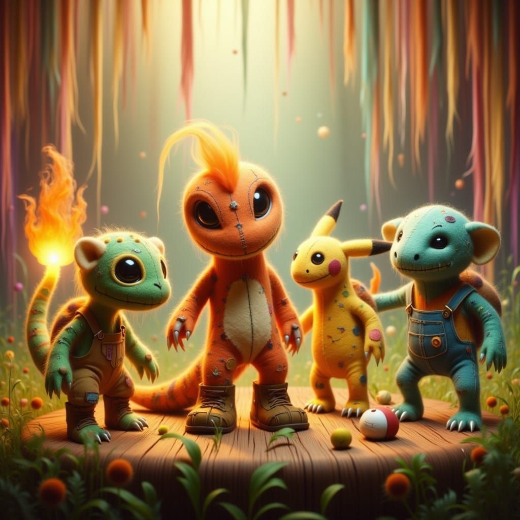 Whimsical Muppet Pokémon Gathering in a Felt Wonderland