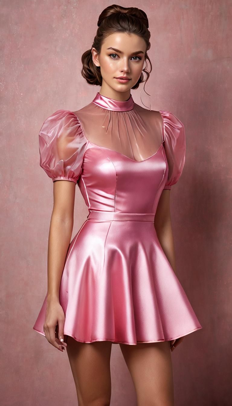 Woman in Shiny Pink Plastic Maid Outfit