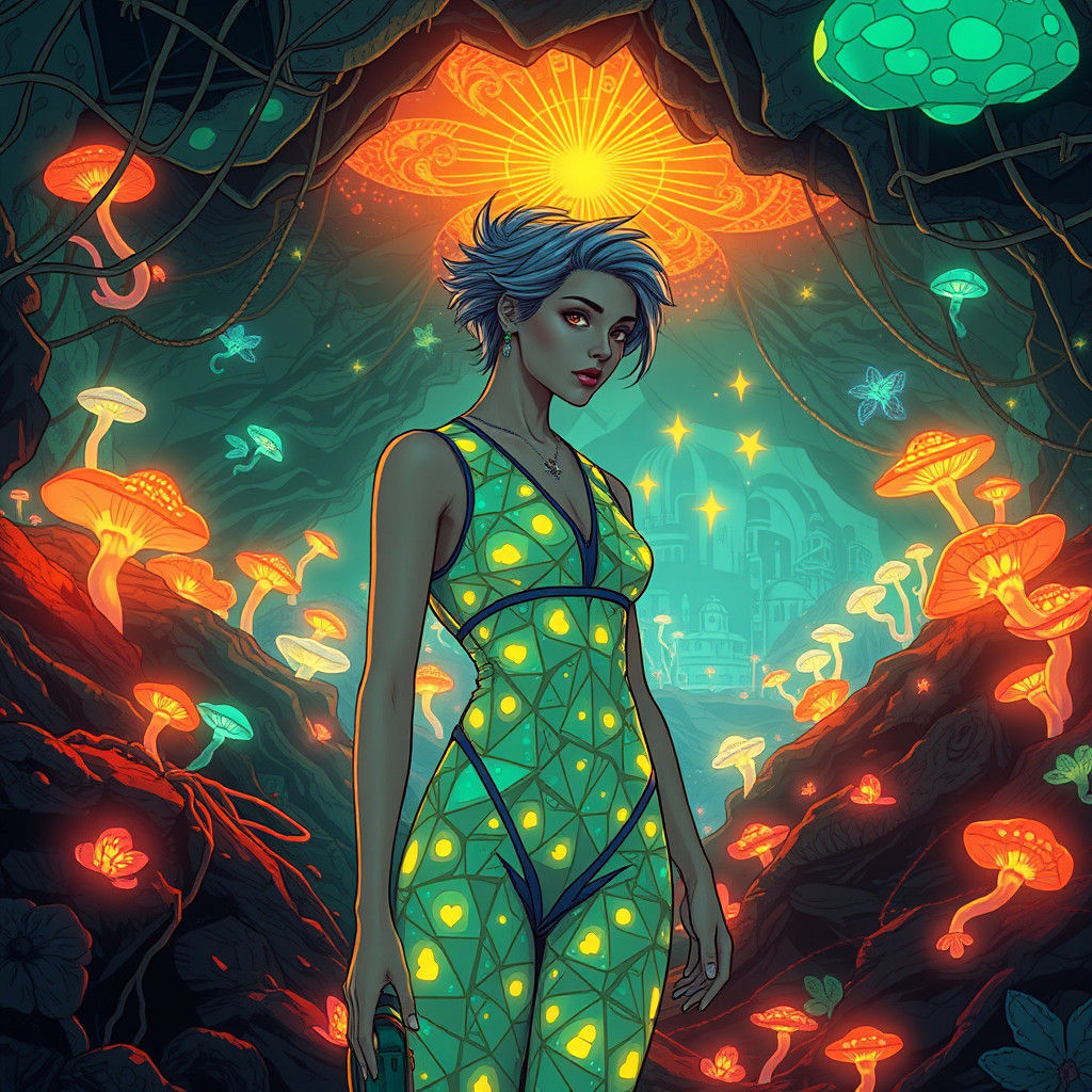 Bioluminescent Jumpsuit in Subterranean Bauhaus Op Art