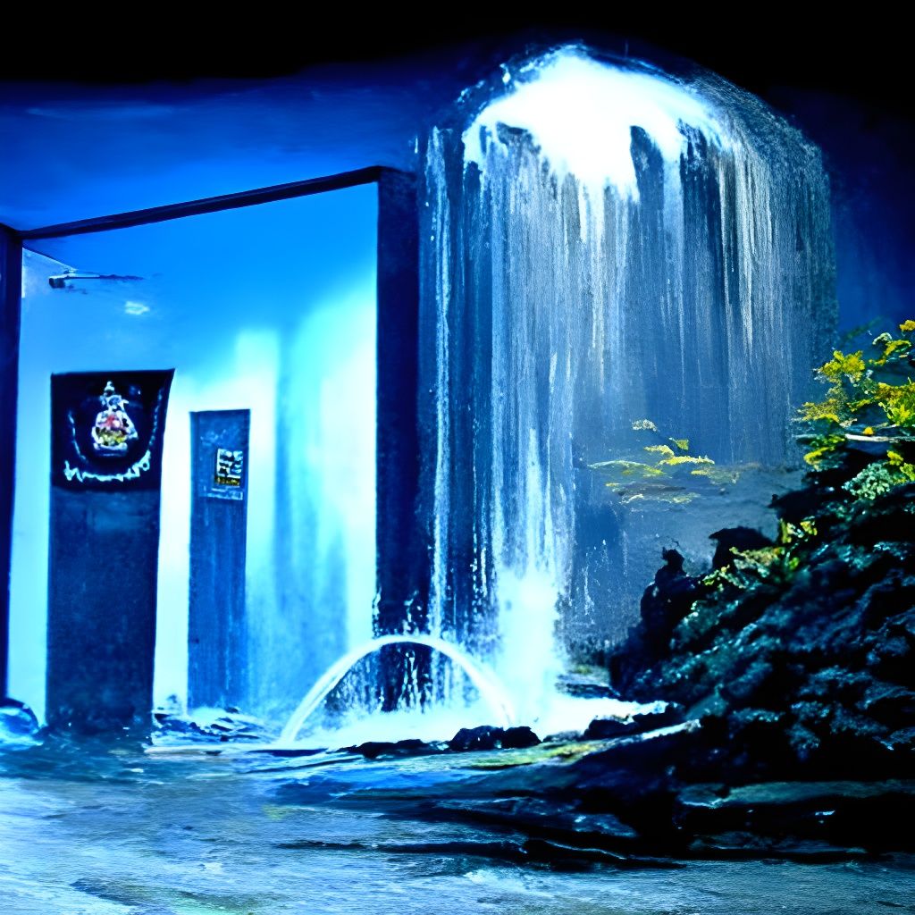 Waterfall Portal Soaks Police Station: Oil Painting