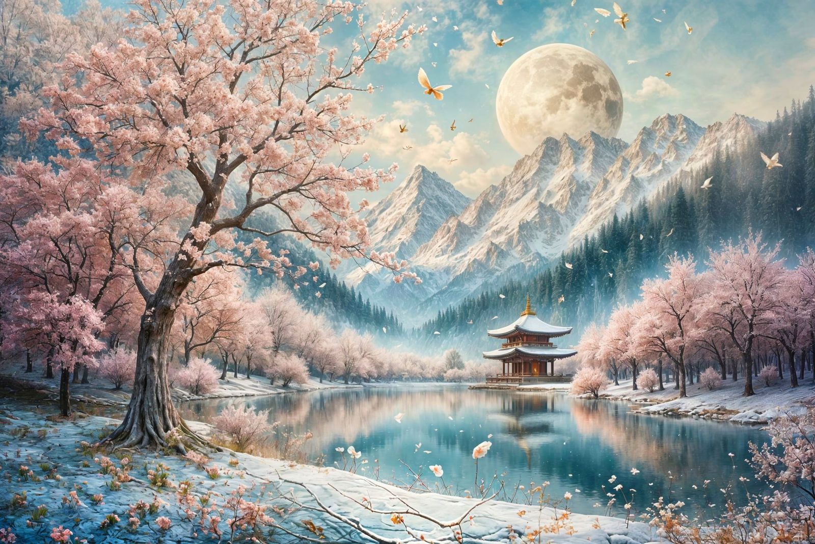 Ethereal Blossom Temple Amidst Snowy Peaks
