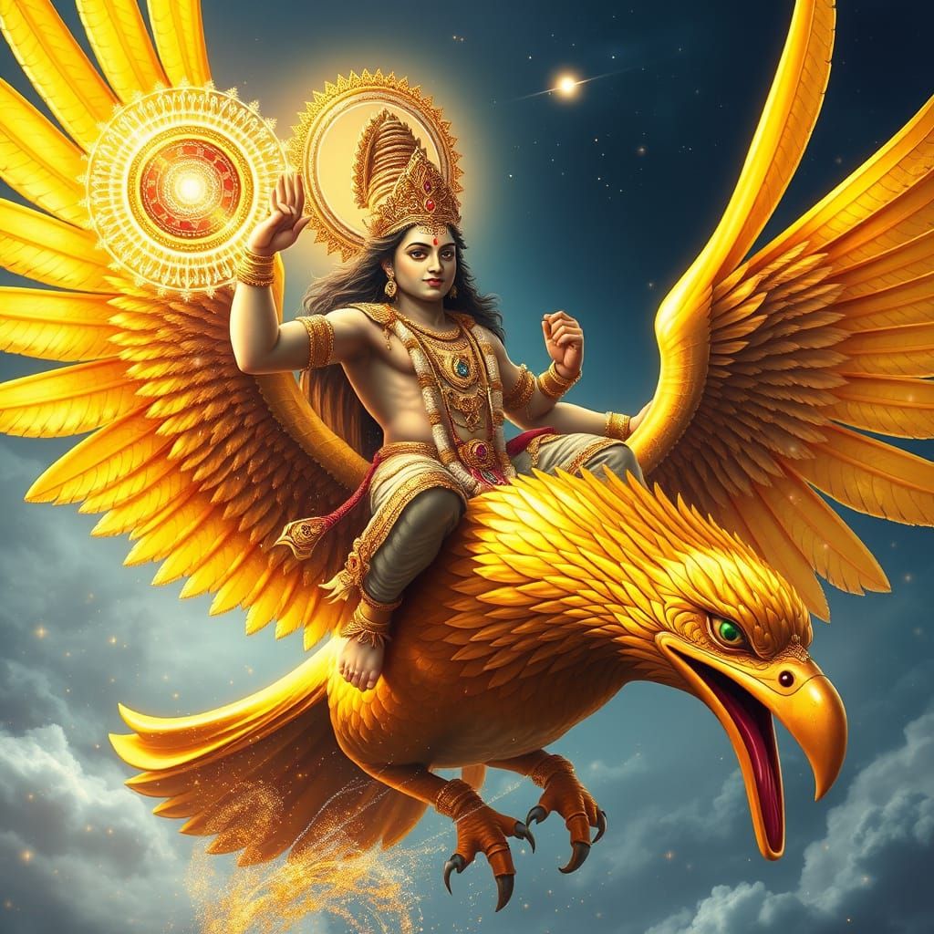 Golden Lord Vishnu Rides Majestic Garuda into Celestial Batt...