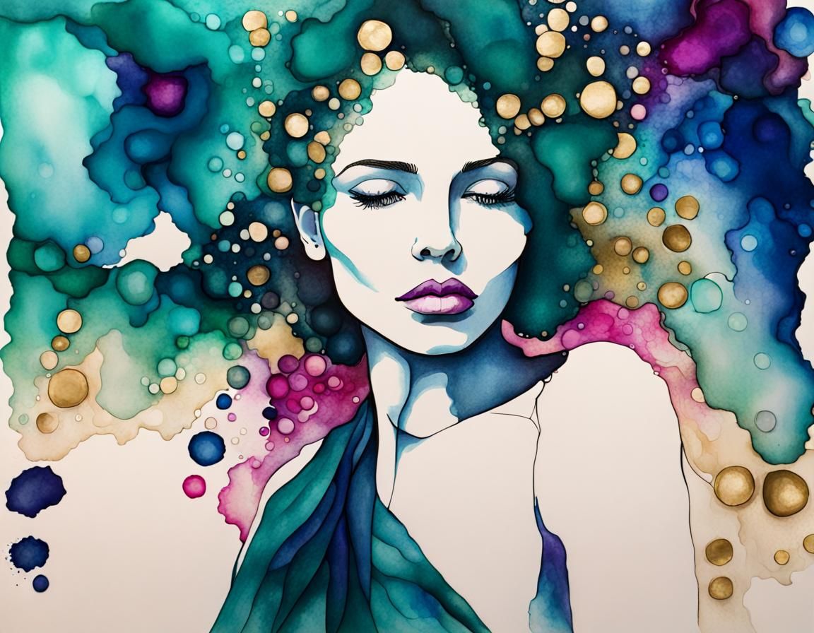 Magenta and Gold Ink Drawing of a Woman