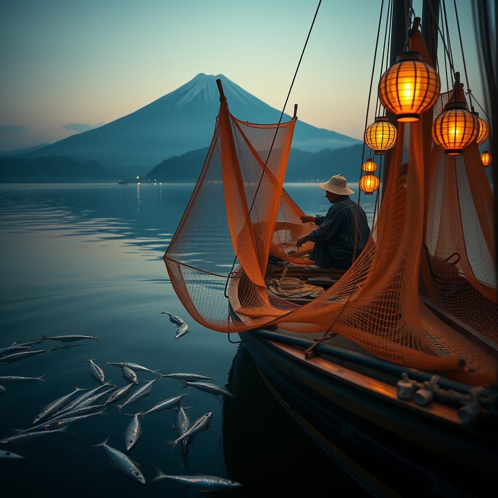 Edo Period Fishermen Casting Nets at Dawn