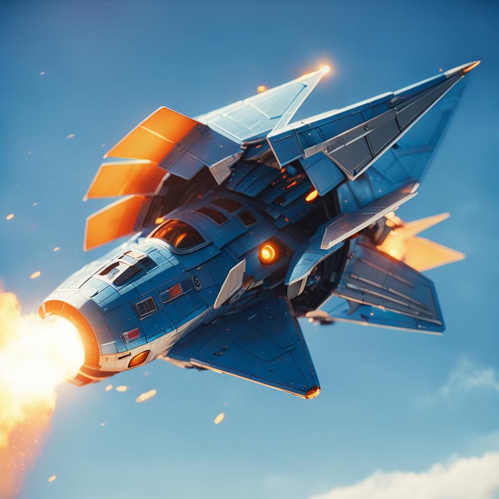 Epic Cinematic Close-up of a Blue Bird-Shaped Spaceship in F...