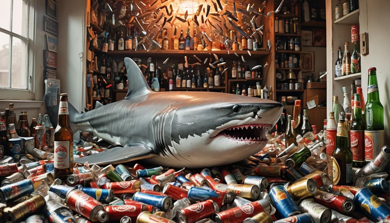 Surreal Great White Shark in Messy Room