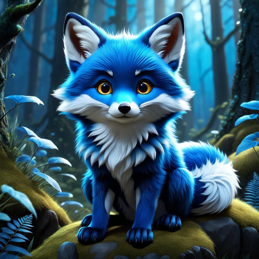 Enchanted Blue Fox Cub in Glowing Forest